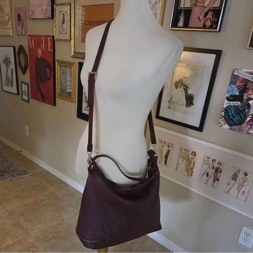 Kelsi Dagger Burgundy Pebbled Leather Crossbody Hobo Bag Silver Hardware Large